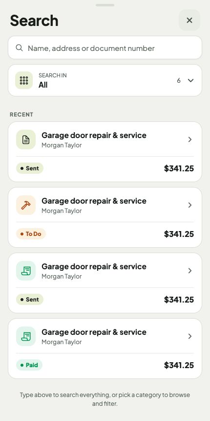 Search clients, quotes, jobs and invoices